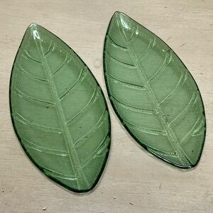 Green Pressed Glass Decorative Leaves Set of 2 Tropical Island Decor 10"